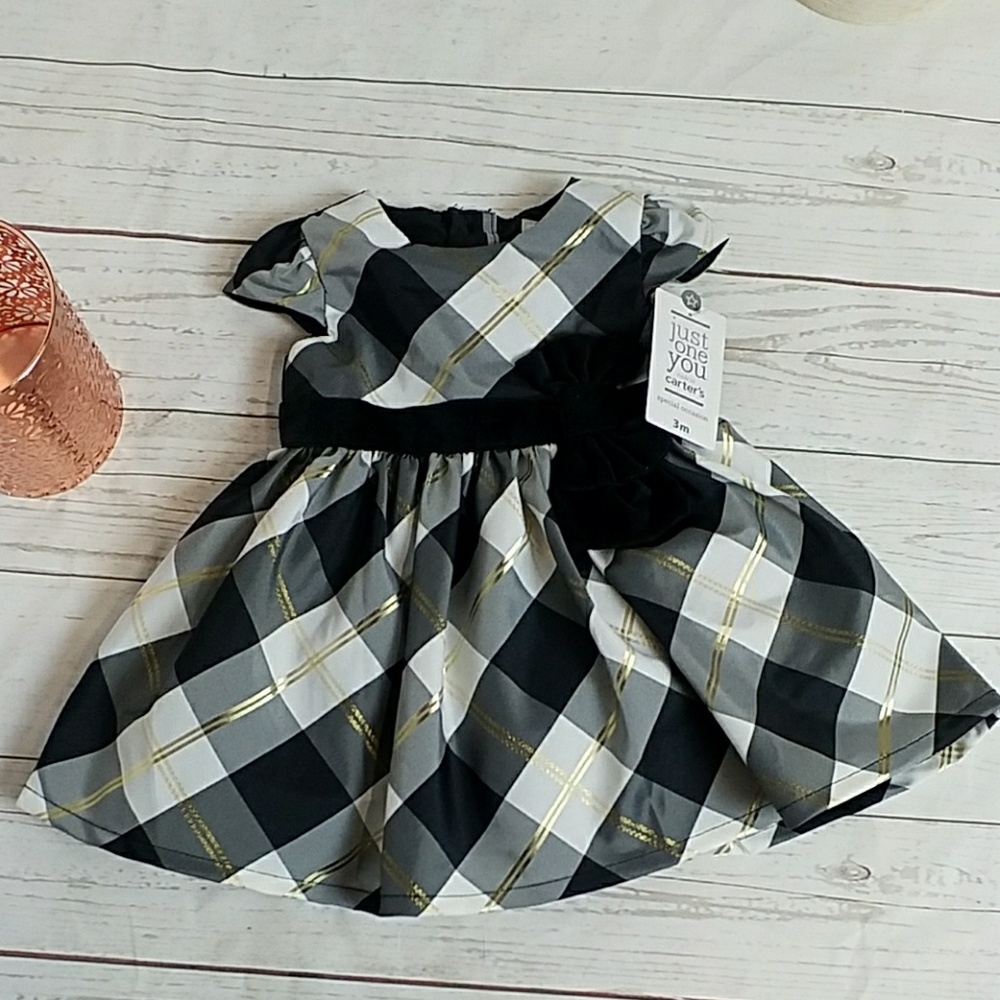 Infant Carter's Plaid Black White Gold Dress New - Picture 1 of 2